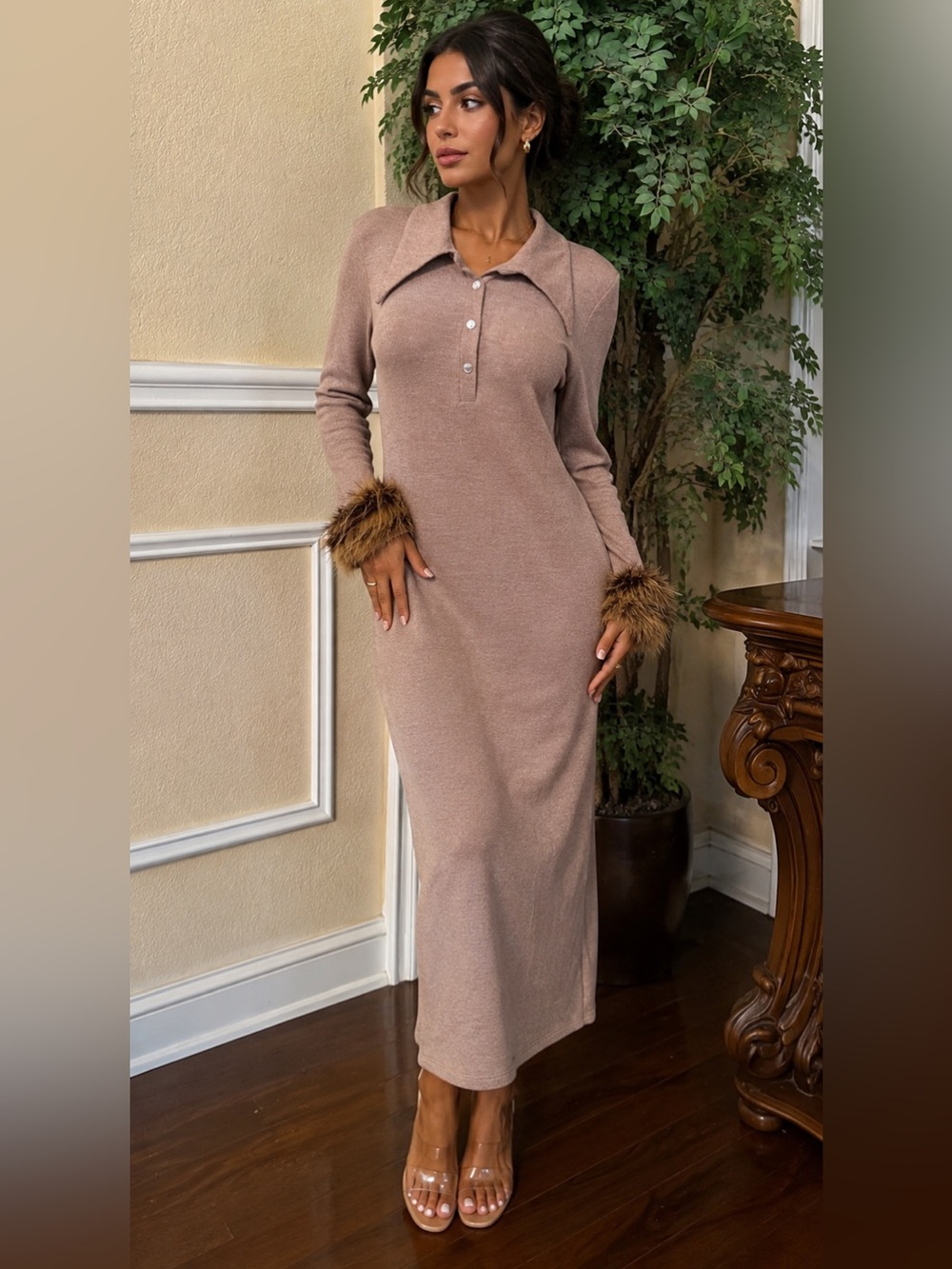 Women's Long Knit Dress with Fur Cuffs -